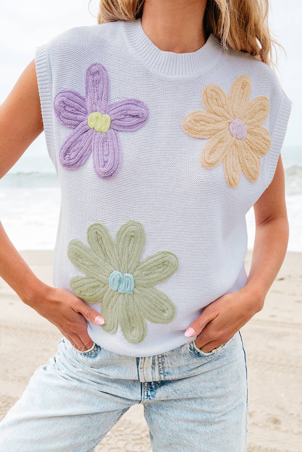 Crochet Flower Knit Short Sleeve Sweater Tops