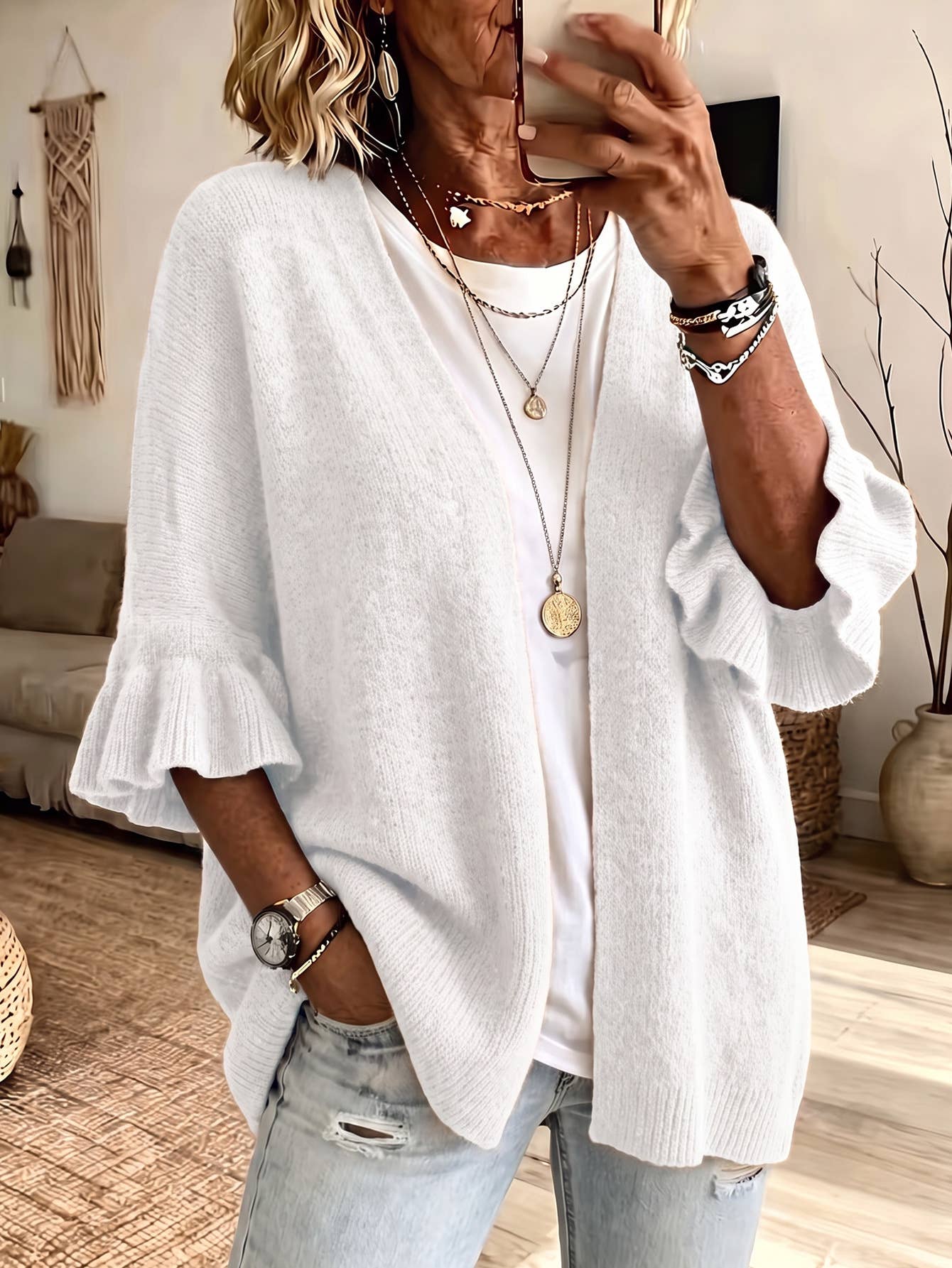 Solid 3/4 Sleeve Knit Cardigan