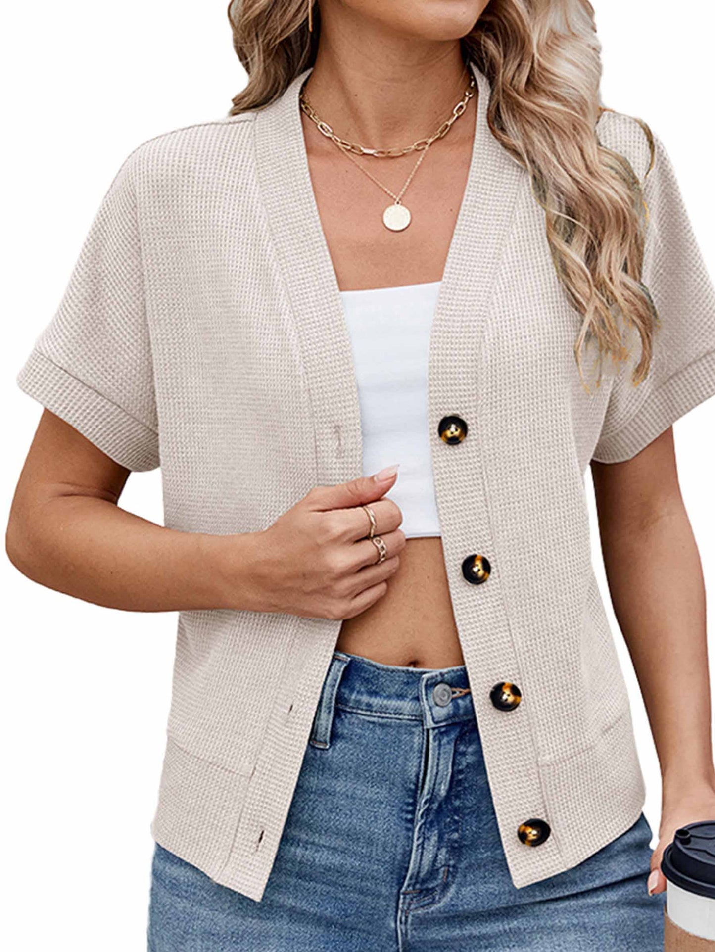 Solid Color Button Loose Short Sleeved Top