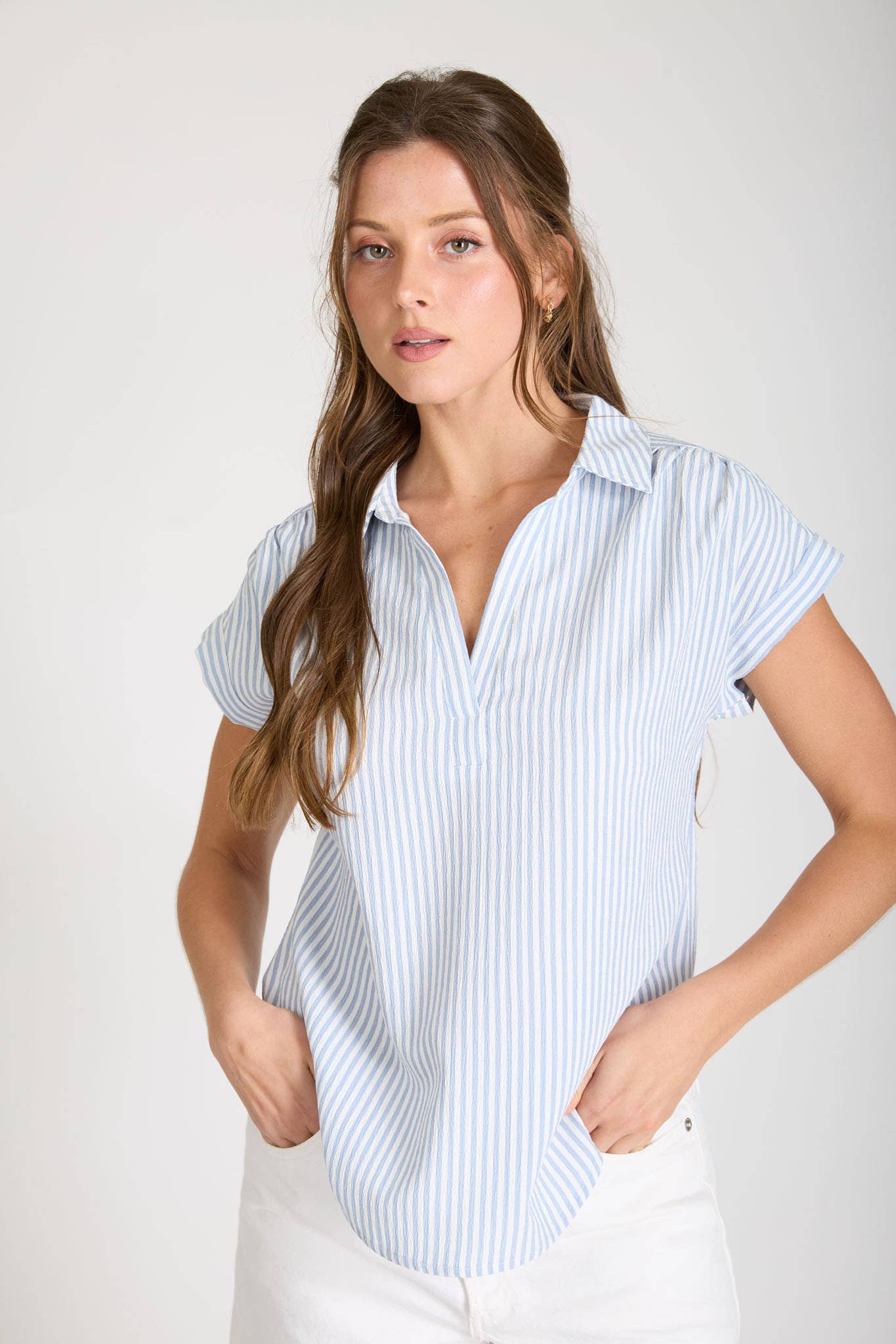 STRIPE COLLARED V NECK CUFF SLEEVE SHIRT
