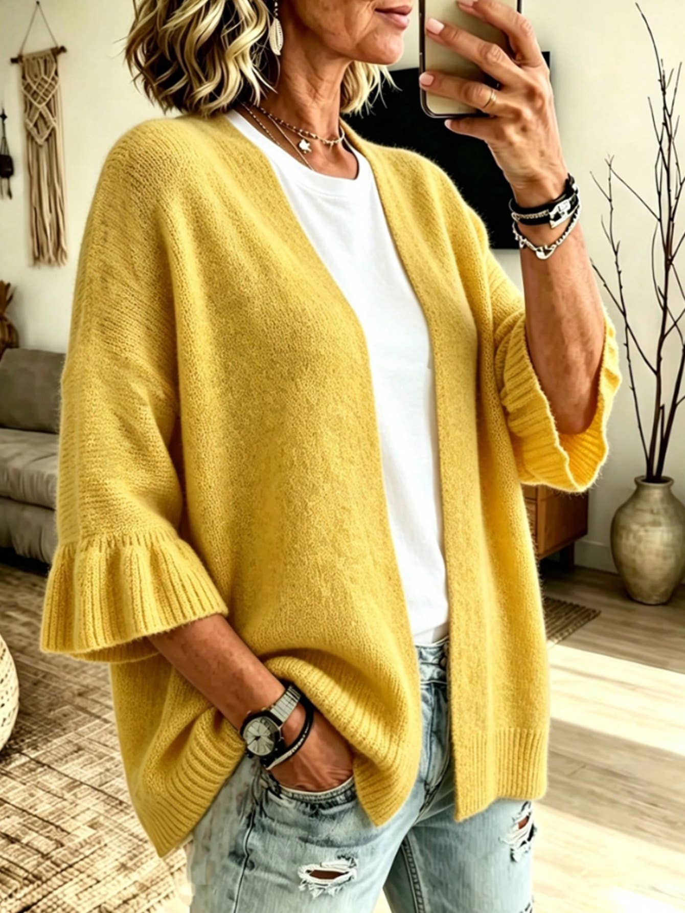 Solid 3/4 Sleeve Knit Cardigan