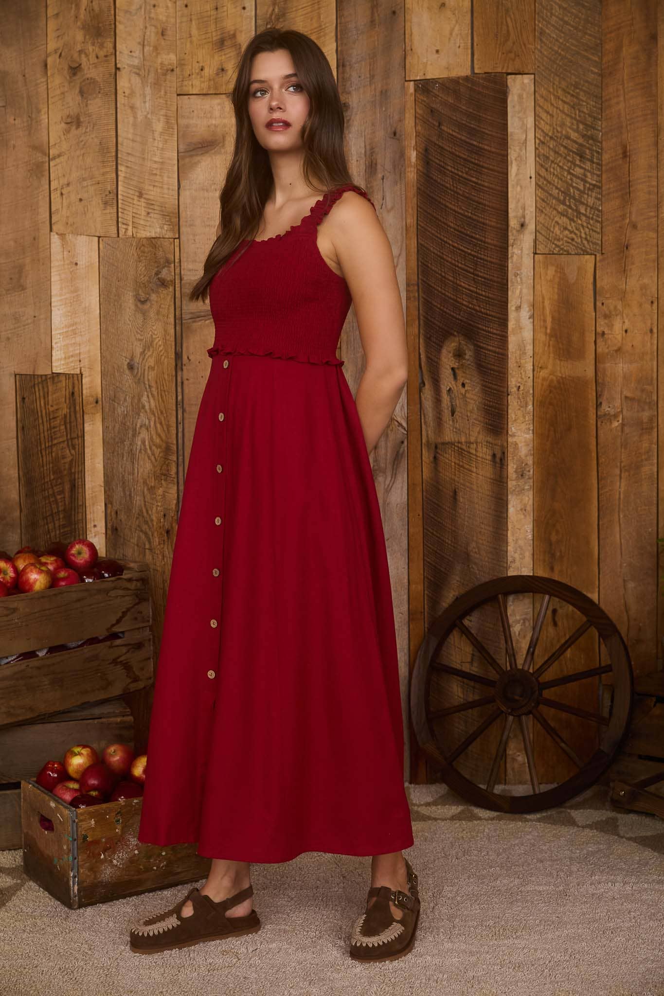 SMOCKED SLEEVELESS BUTTON DOWN MIDI DRESS