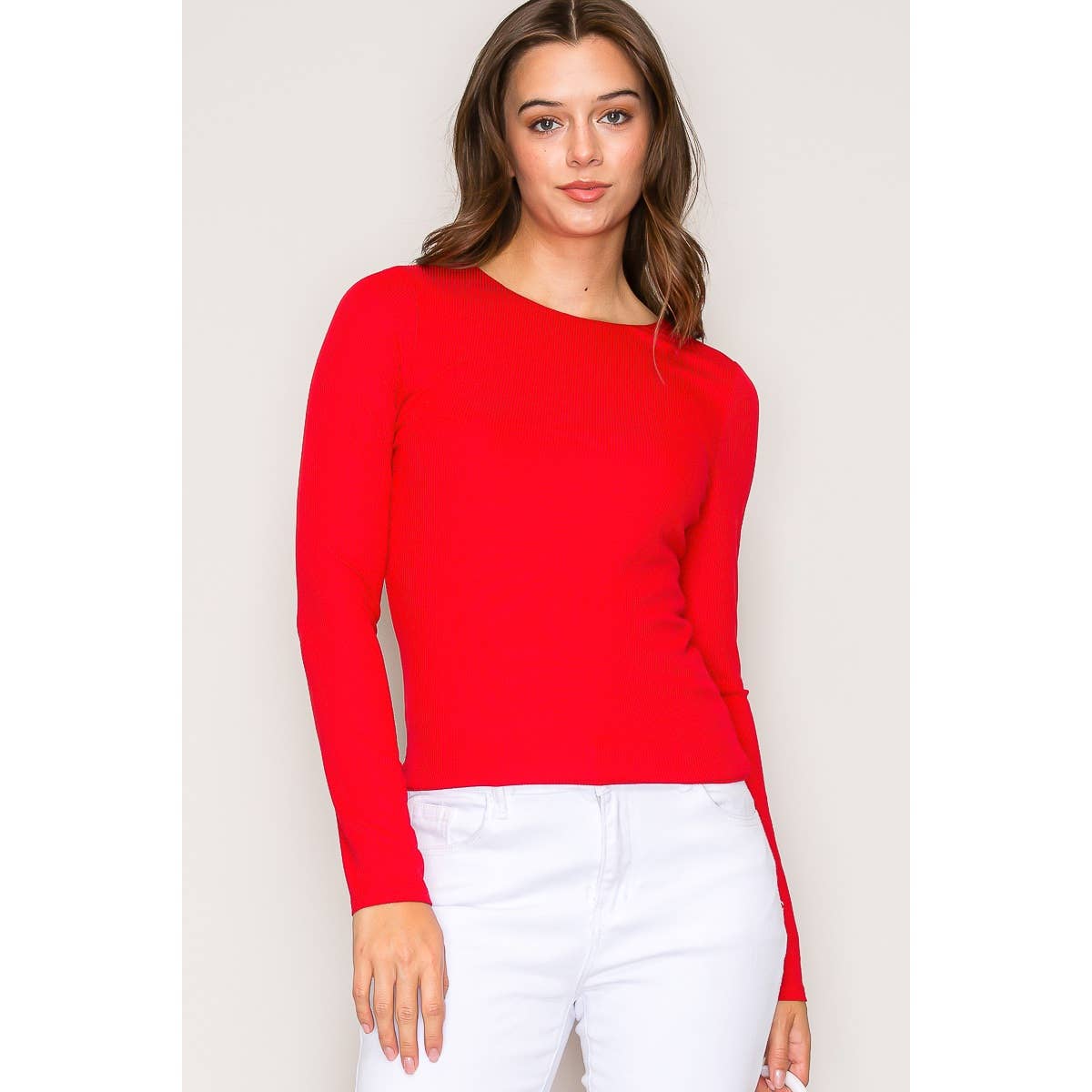 Double Layer Crew Neck Long Sleeve Rib Knit Top