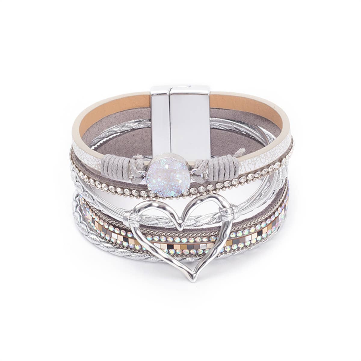 Boho Layered Heart Charm Rhinestone Magnetic Bracelet