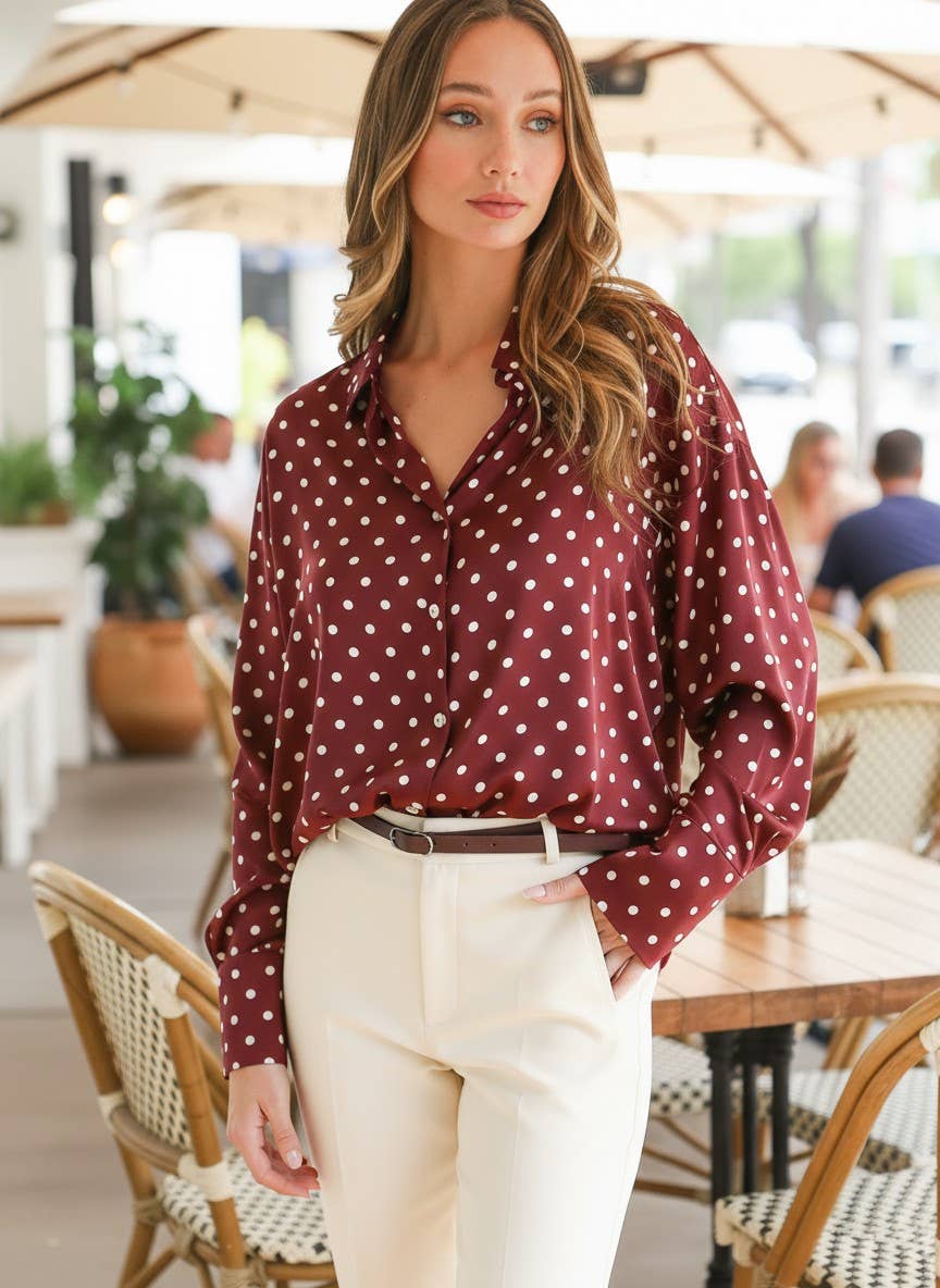 Polka Dot Collared Long-Sleeve Satin Blouse Top VT81294B