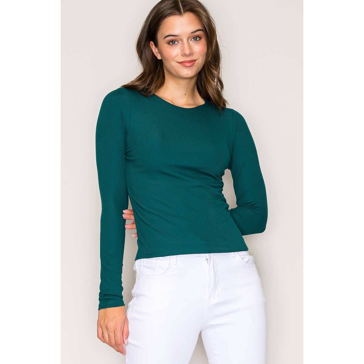 Double Layer Crew Neck Long Sleeve Rib Knit Top