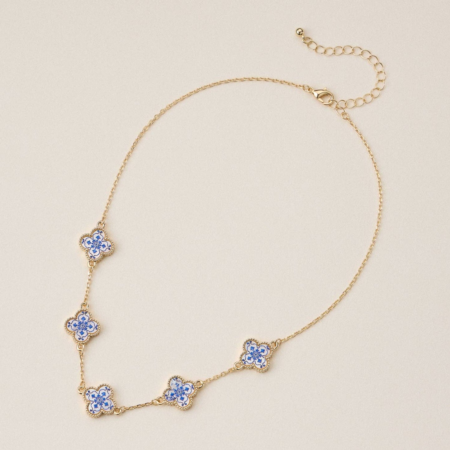 Blue Floral Clover Enamel Necklace – Gold Tone