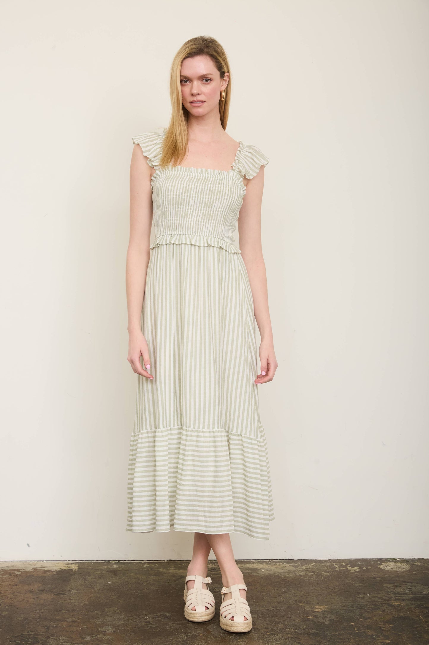STRIPE SMOCKED RUFFLE TRIM MIDI DRESS