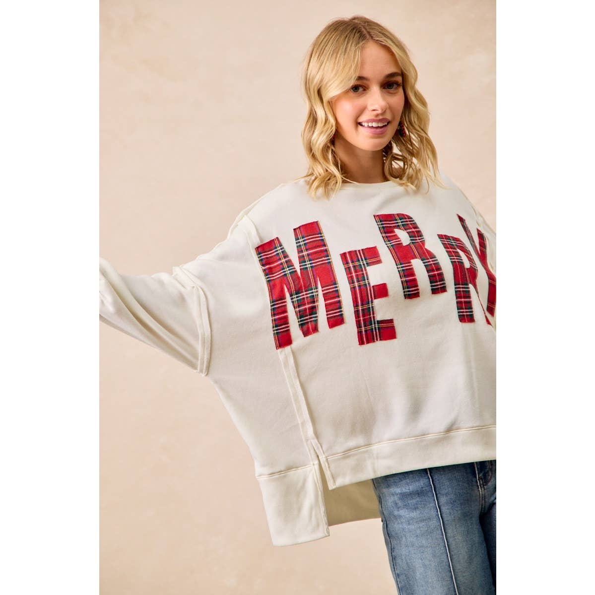 CHRISTMAS PLAID MERRY LETTERING FLEECE SWEATSHIRT