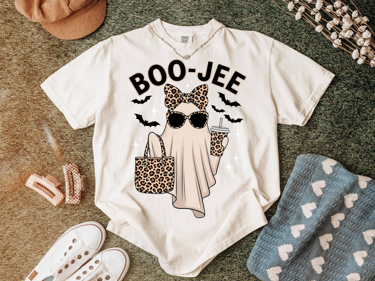 Boo Jee Leopard Ghost Comfort Colors Tee, Halloween Sweater