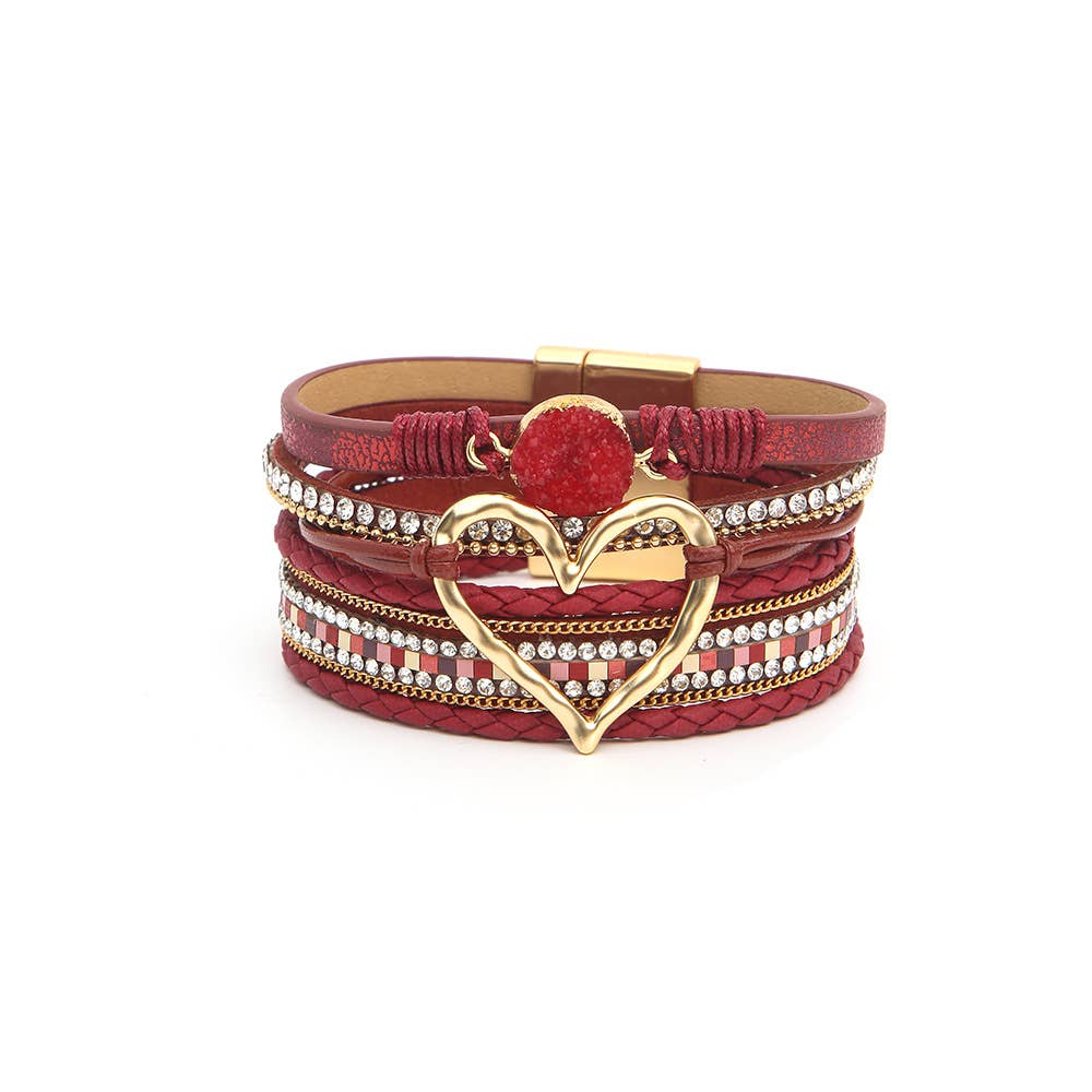 Boho Layered Heart Charm Rhinestone Magnetic Bracelet