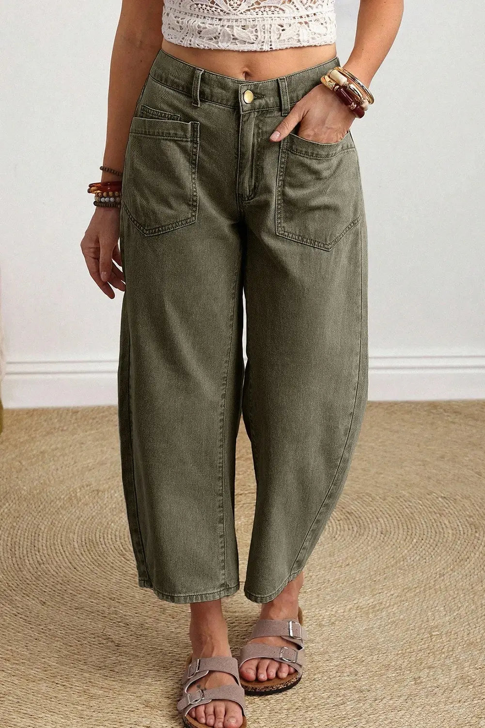 Coffee Solid Color Square Patch Pocket Ankle-length Barrel Jeans