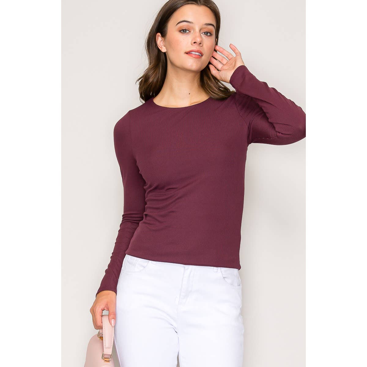 Double Layer Crew Neck Long Sleeve Rib Knit Top