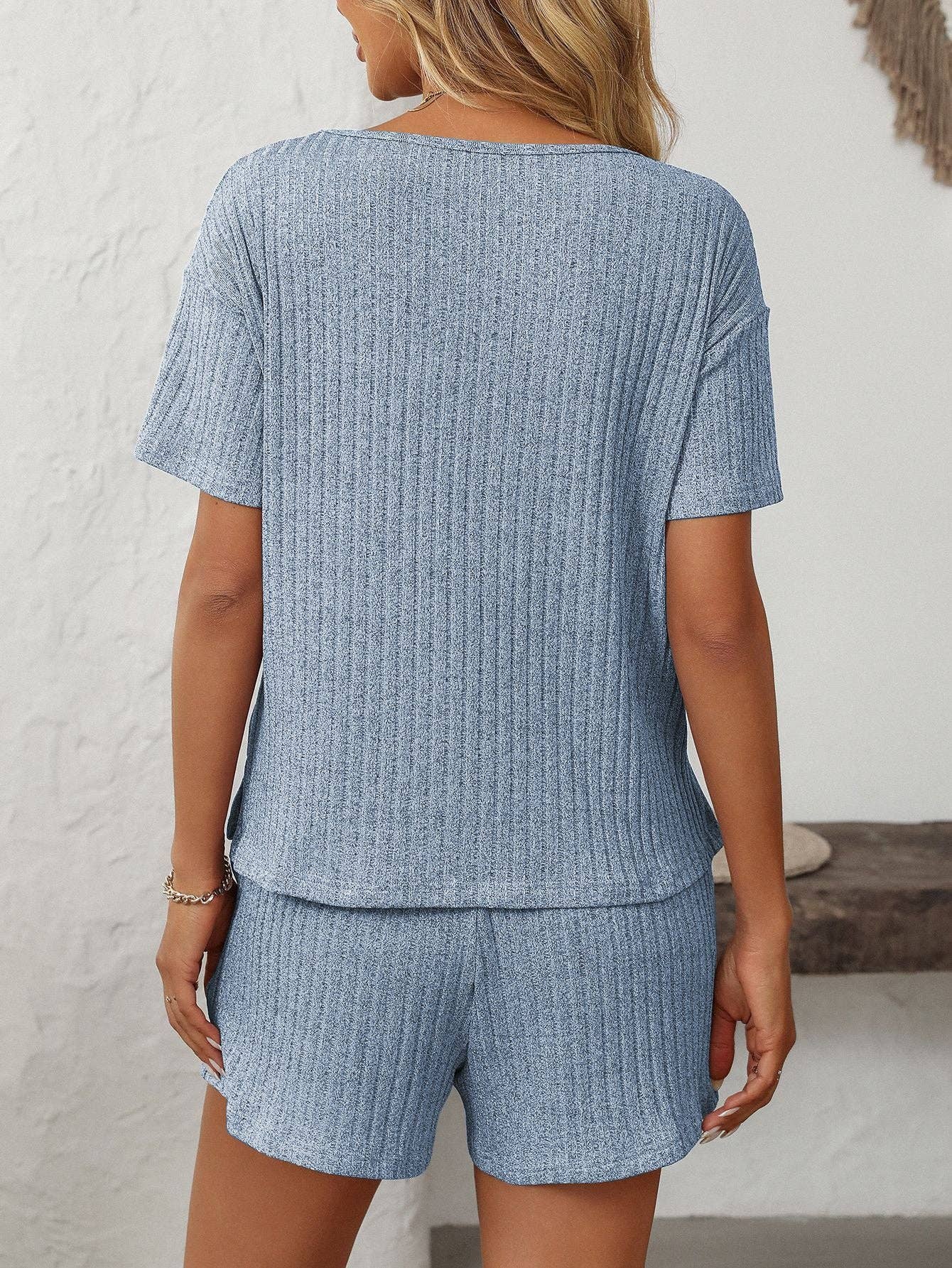 Solid Color Ribbed Short-Sleeve Pajama Loungewear Set