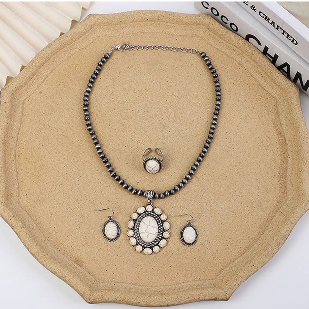 Vintage Round Flower Turquoise Pendant Jewelry Set