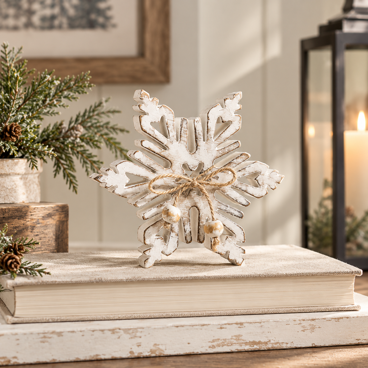 Distressed White Wooden Snowflake 7.75x7.75x1