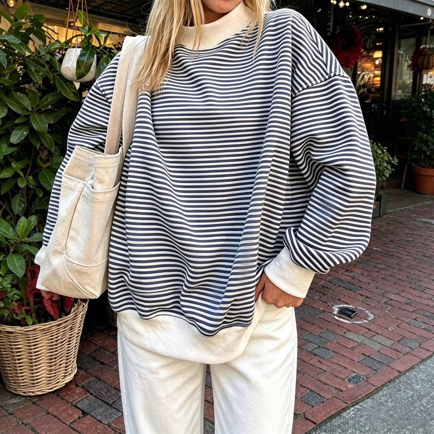 Striped Cotton Sweatshirt Oversized Long Sleeve Top