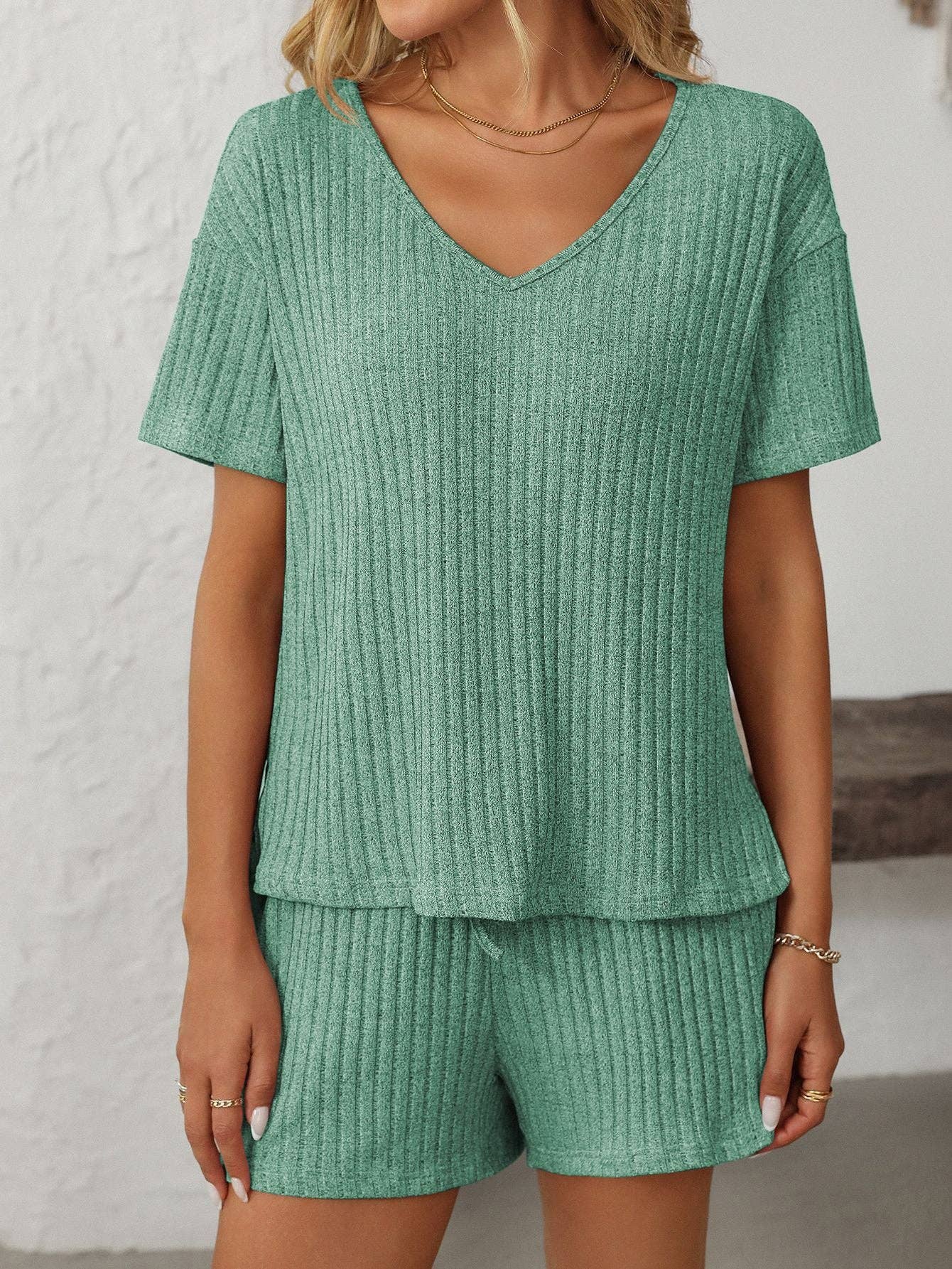 Solid Color Ribbed Short-Sleeve Pajama Loungewear Set