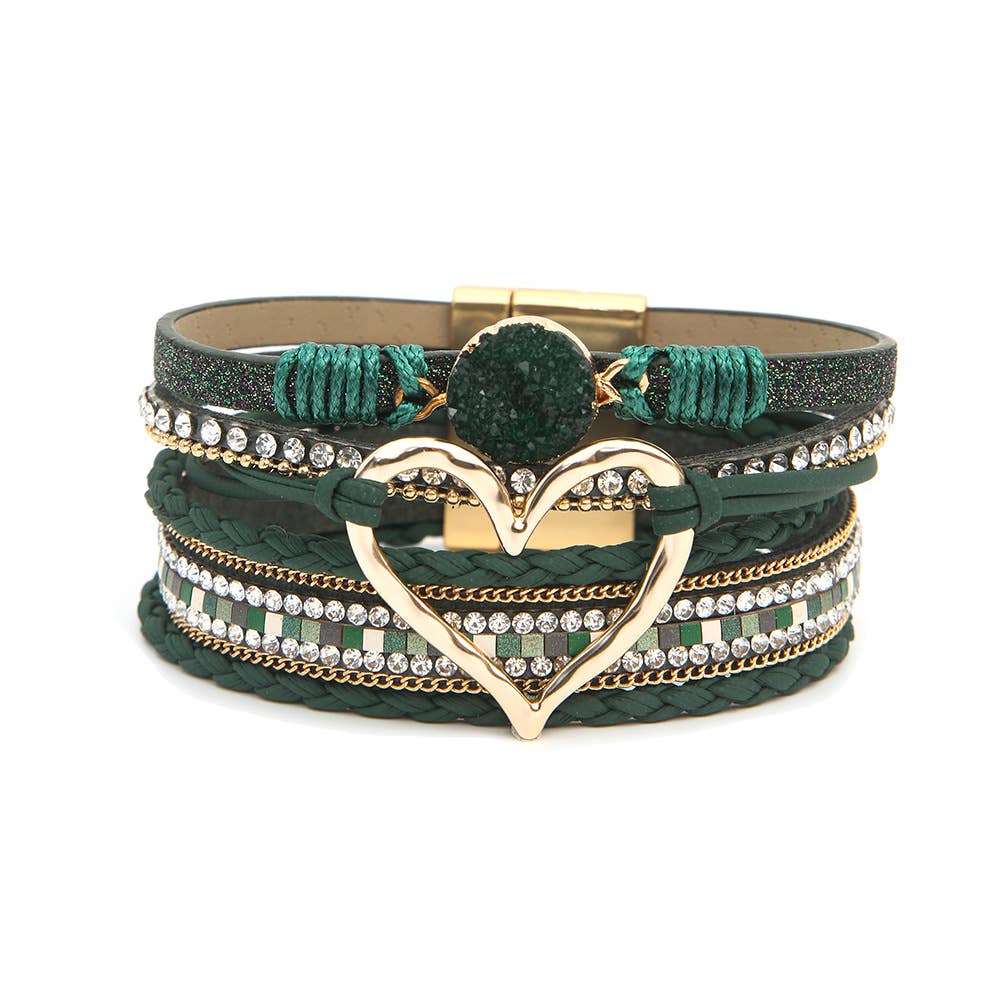 Boho Layered Heart Charm Rhinestone Magnetic Bracelet