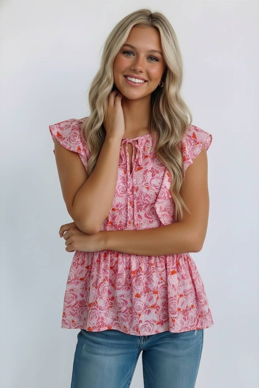 KEYHOLE RUFFLE BABYDOLL SLEEVELESS FLORAL BLOUSE