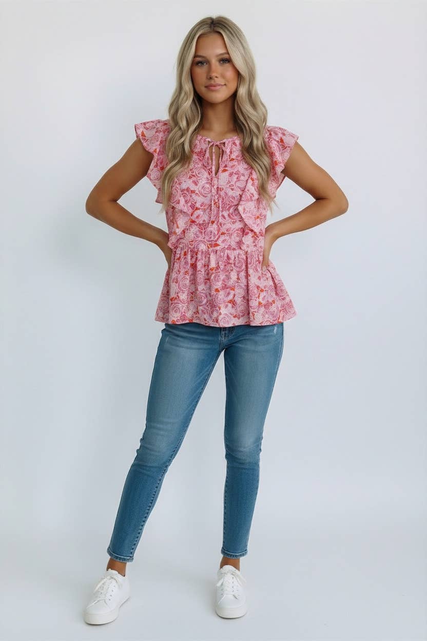 KEYHOLE RUFFLE BABYDOLL SLEEVELESS FLORAL BLOUSE