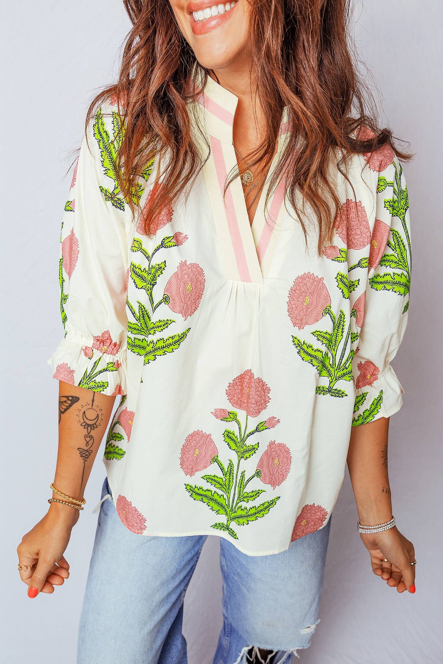 Summer Wild Flower Print V Neck 3/4 Sleeve Blouse