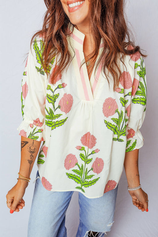Summer Wild Flower Print V Neck 3/4 Sleeve Blouse
