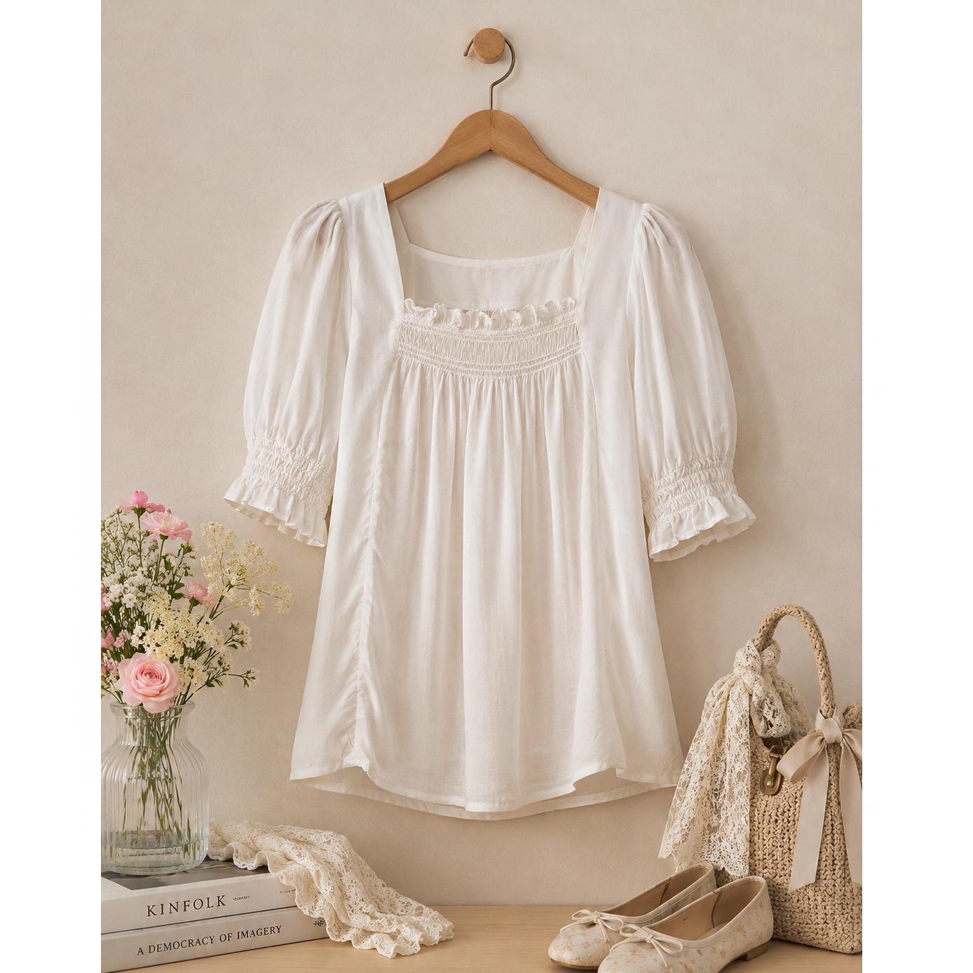 DAINTY DELIGHT PUFF SLEEVE SMOCKED TOP