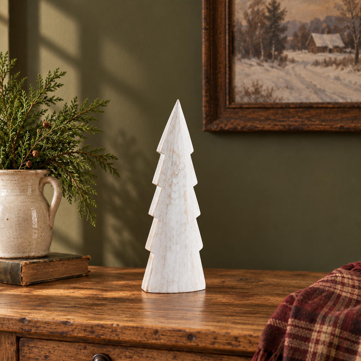 Christmas Tree Distressed White Wooden Figurine 11.5x3.5x1.5