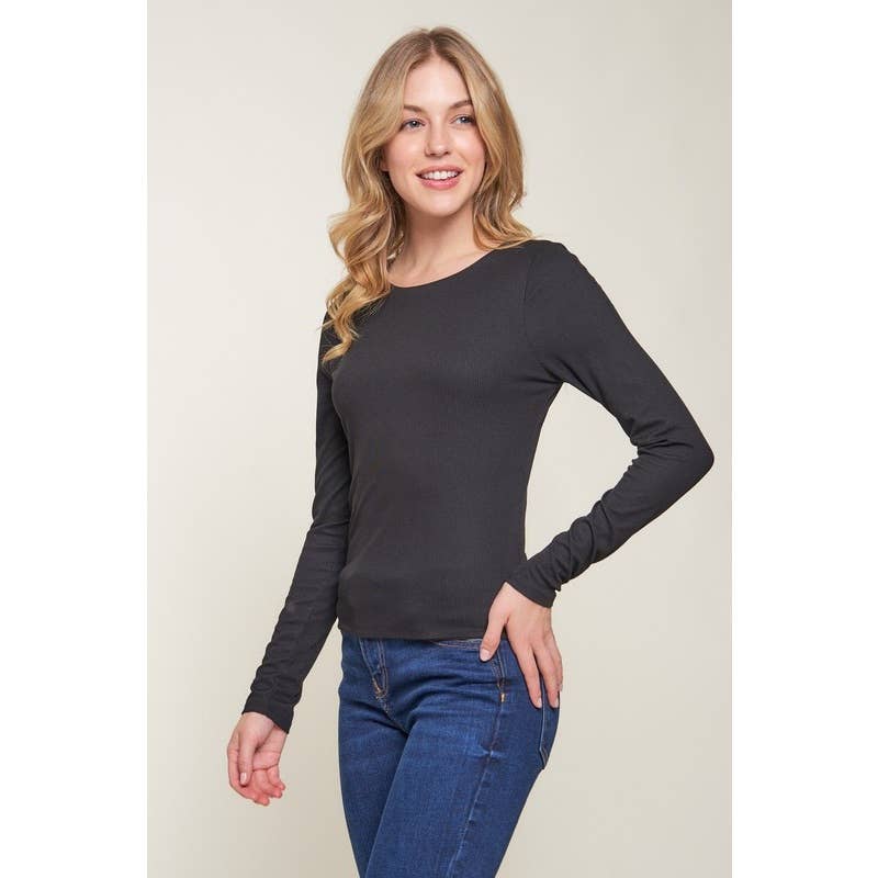 Double Layer Crew Neck Long Sleeve Rib Knit Top