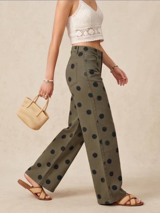 Chic Polka-dot print straight-leg jeans in olive