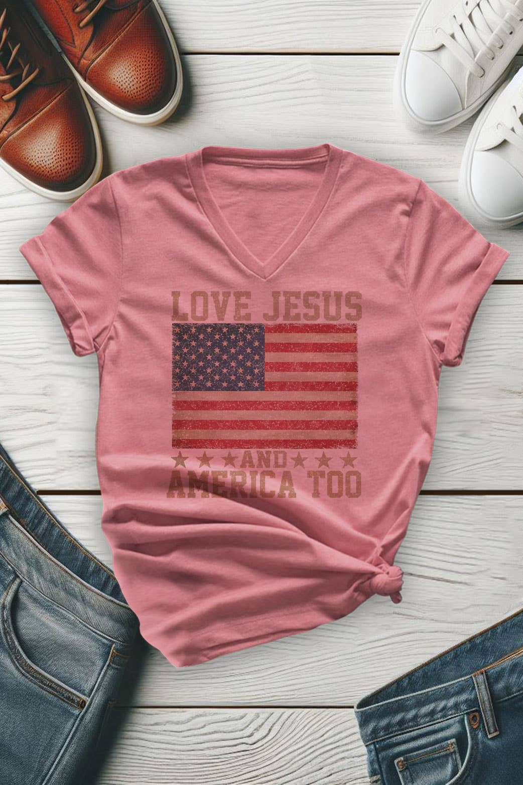 Love Jesus and America Too, 4th of July, Unisex V-neck T-Shirt
