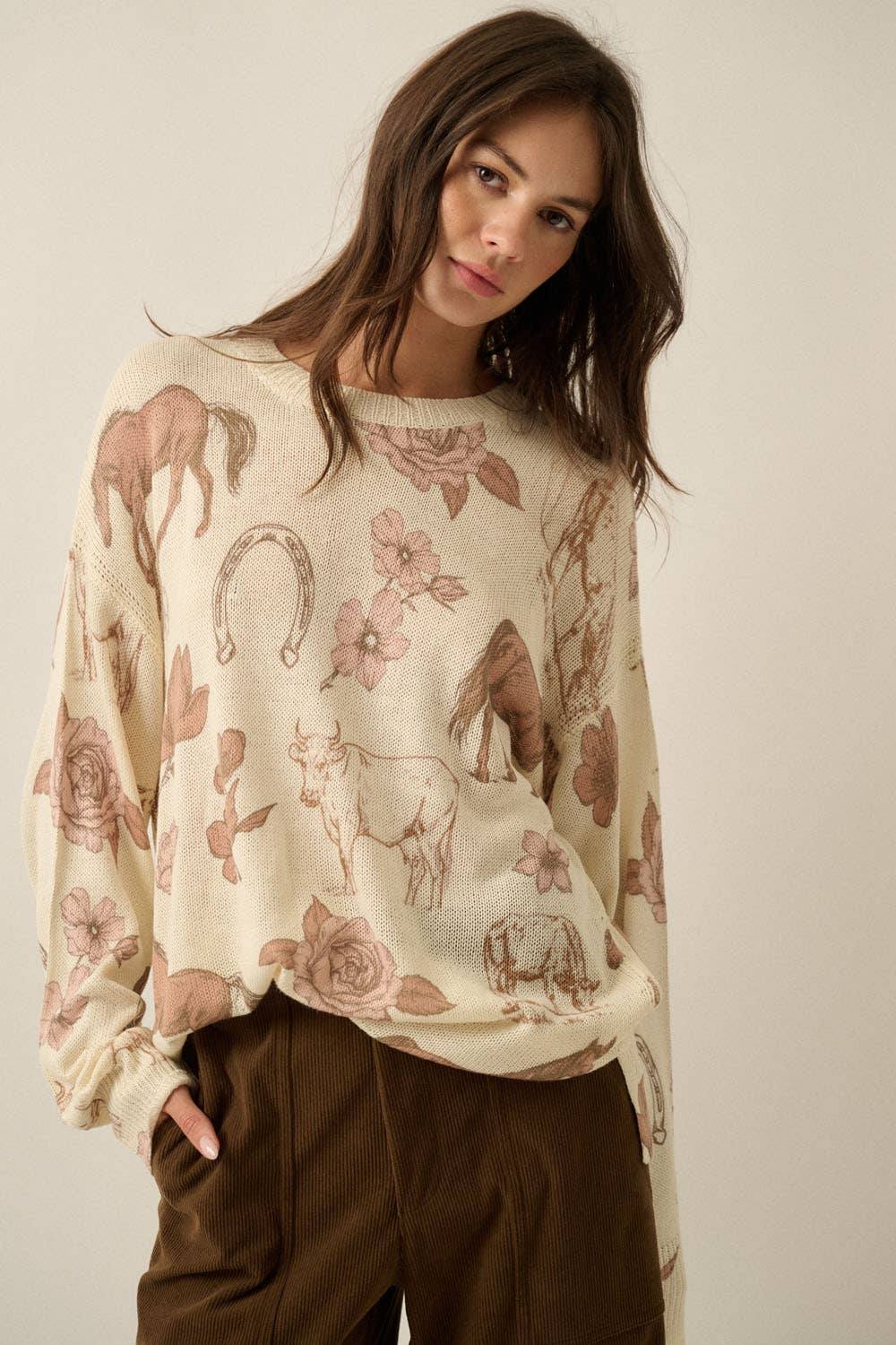 Western Floral Allover-Print Knit Sweater