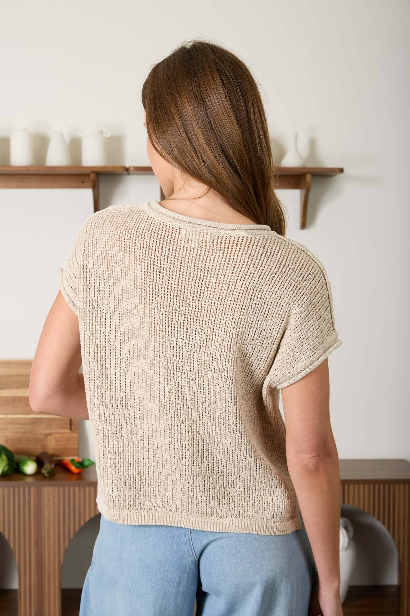 SPLIT NECK RAW EDGE SHORT SLEEVE SHEER KNIT TOP
