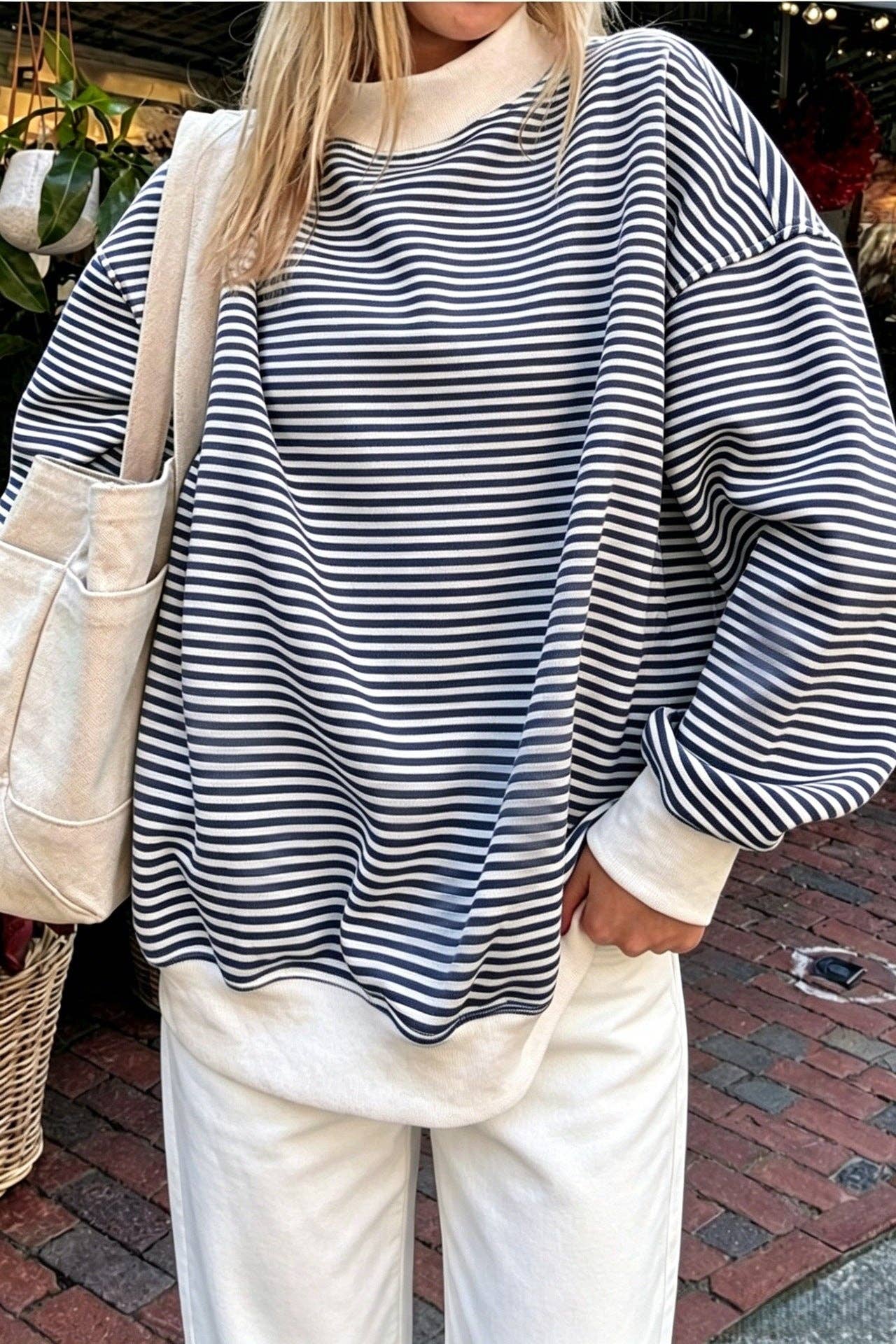 Striped Cotton Sweatshirt Oversized Long Sleeve Top