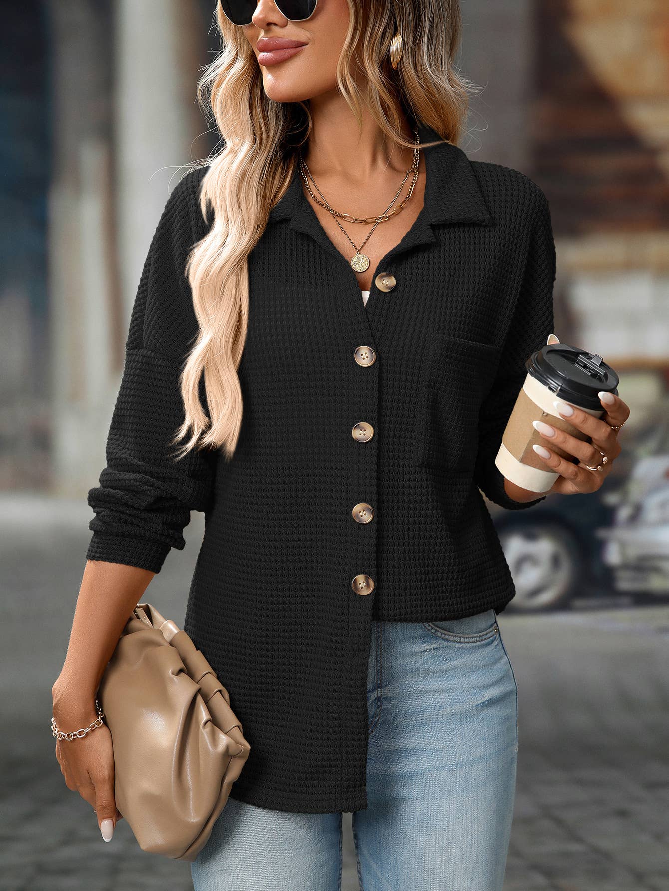 Waffle Knit Button Down Shacket Relaxed Fit Jacket