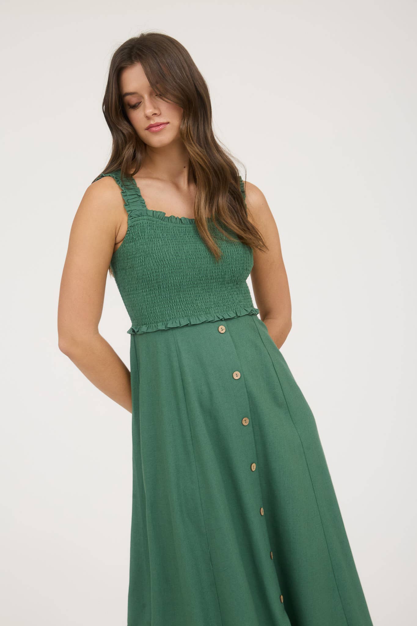 SMOCKED SLEEVELESS BUTTON DOWN MIDI DRESS